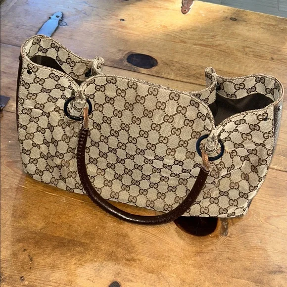 Gucci GG Canvas Tote Bag Brown Beige Leather Handles Classic Authentic - Picture 3 of 12